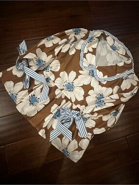 SHEIN Cream Floral Print Blouse with Subtle Blue Stripes